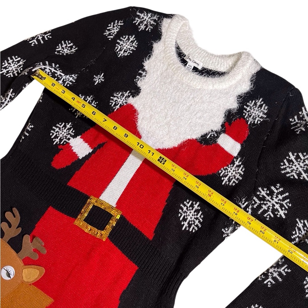 Black Santa & Reindeer Knit Mini Dress - Holiday Sweater Dress - Picture 8 of 9